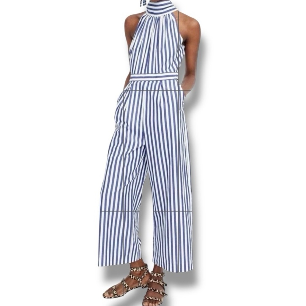 NWT J. Crew Tushar Blue/White Stripe Halter Neck Wide Leg Jumpsuit Size 6